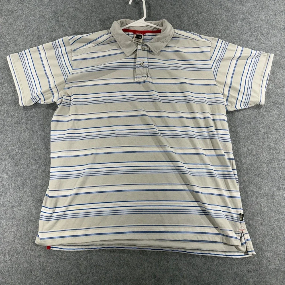 The North Face Mens XL Polo Shirt Grey Blue Striped Short Sleeve Casual Hiking